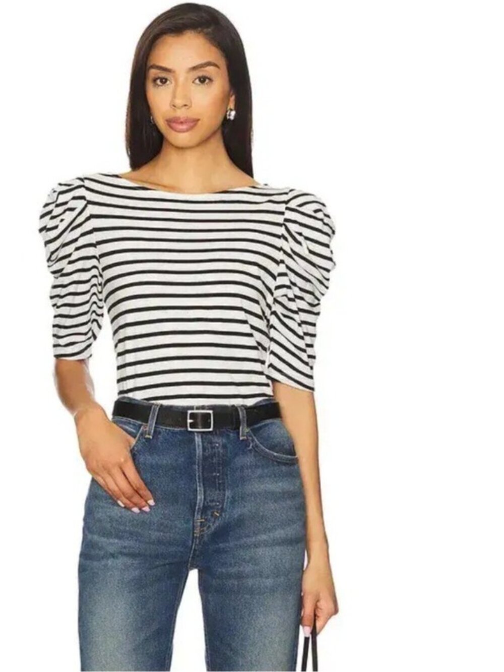 Nation Los Angeles Striped Puff Sleeve Top Neutral Boat Neck Organic